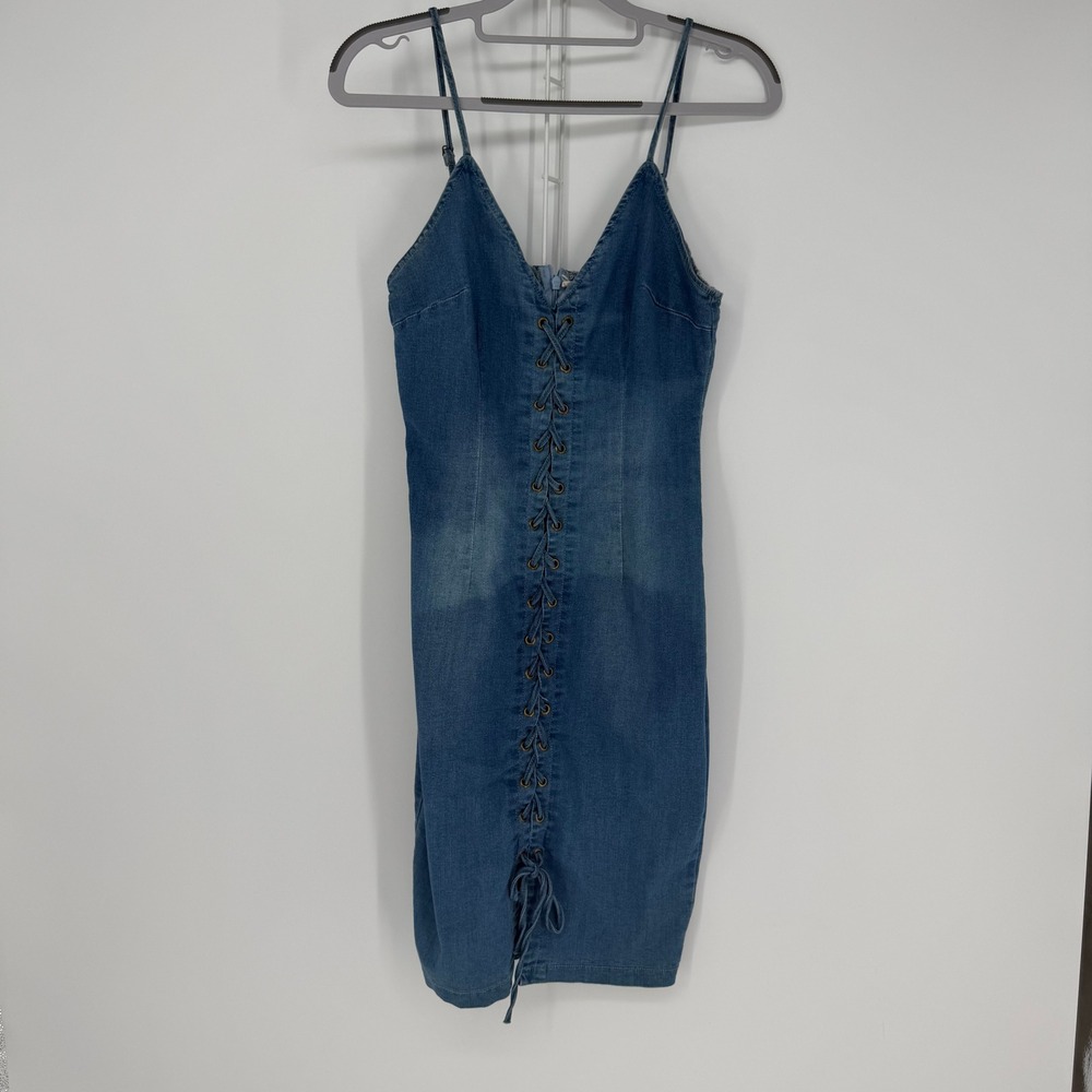 Mebon Machine Jeans Denim Dress Women L Blue Lace Up Grommet Y2K Bodycon Cowgirl